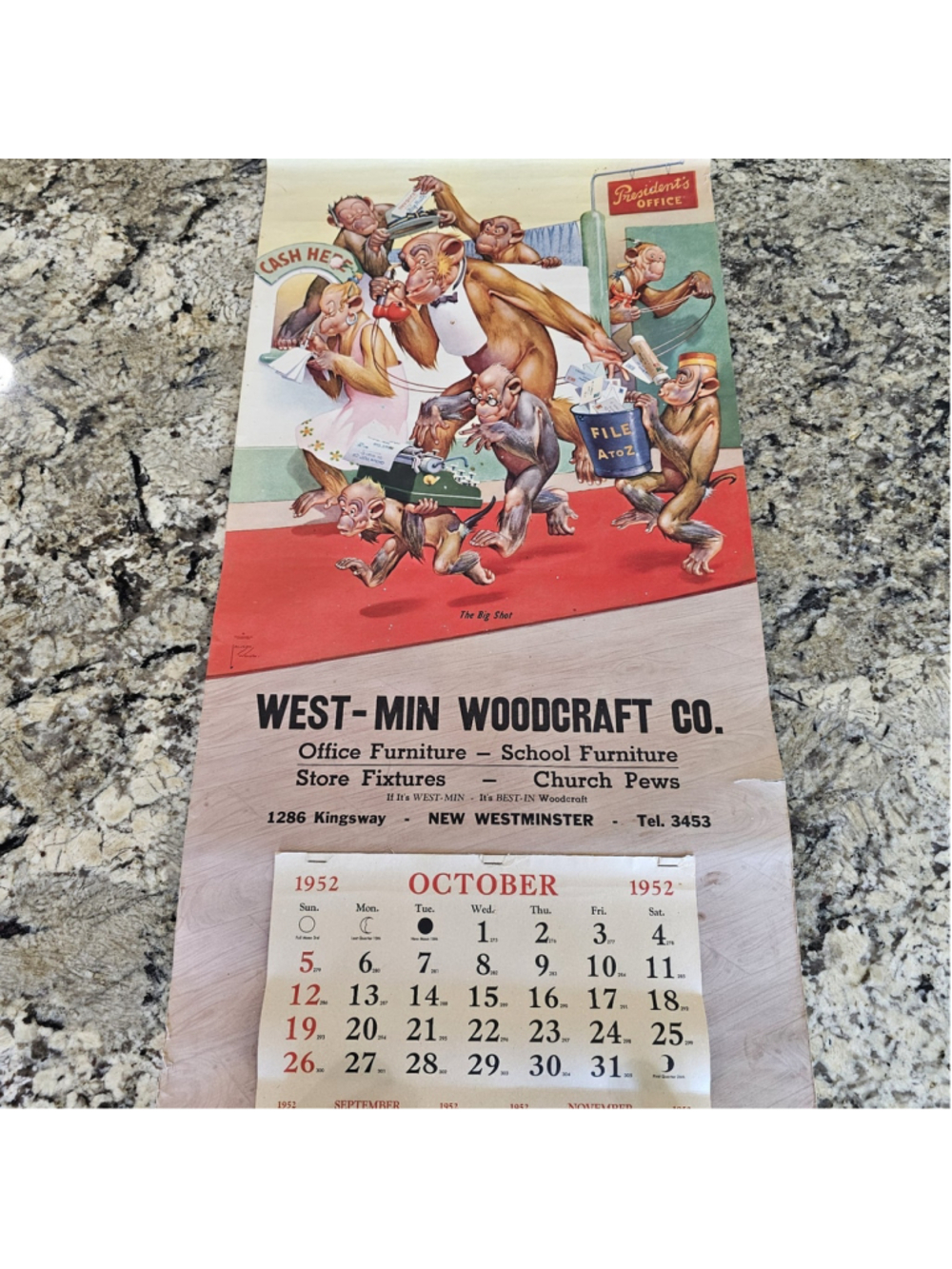 Vintage 1952 West-Min Woodcraft Advertising Calendar Monkey Art New Westminster